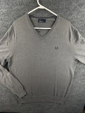 Fred Perry Pullover Wool Cotton XL Men Long Sleeve Logo Gray V-Neck Sweater Knit